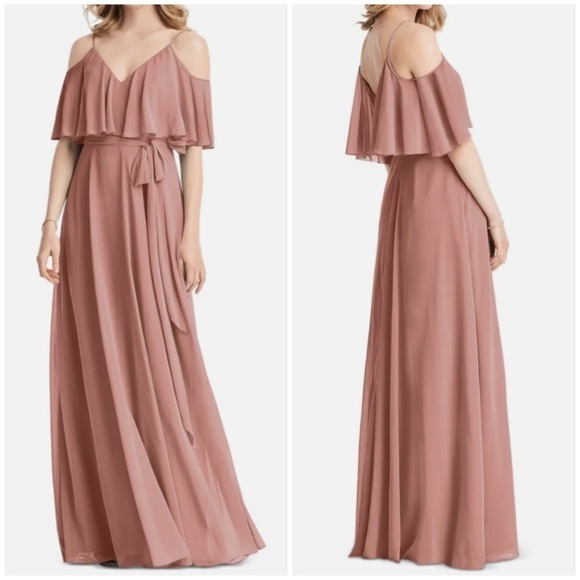 NWT Jenny Packham Ruffled Cold Shoulder Maxi Dress Flounce Overlay Desert Rose 4 - Picture 1 of 11